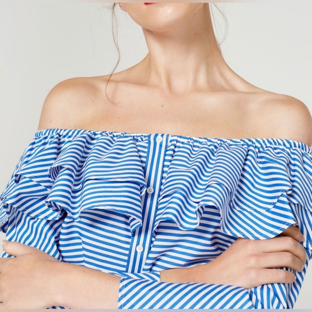 Uterqüe Blue and White Striped Off-Shoulder Ruffle Button-Down Top
